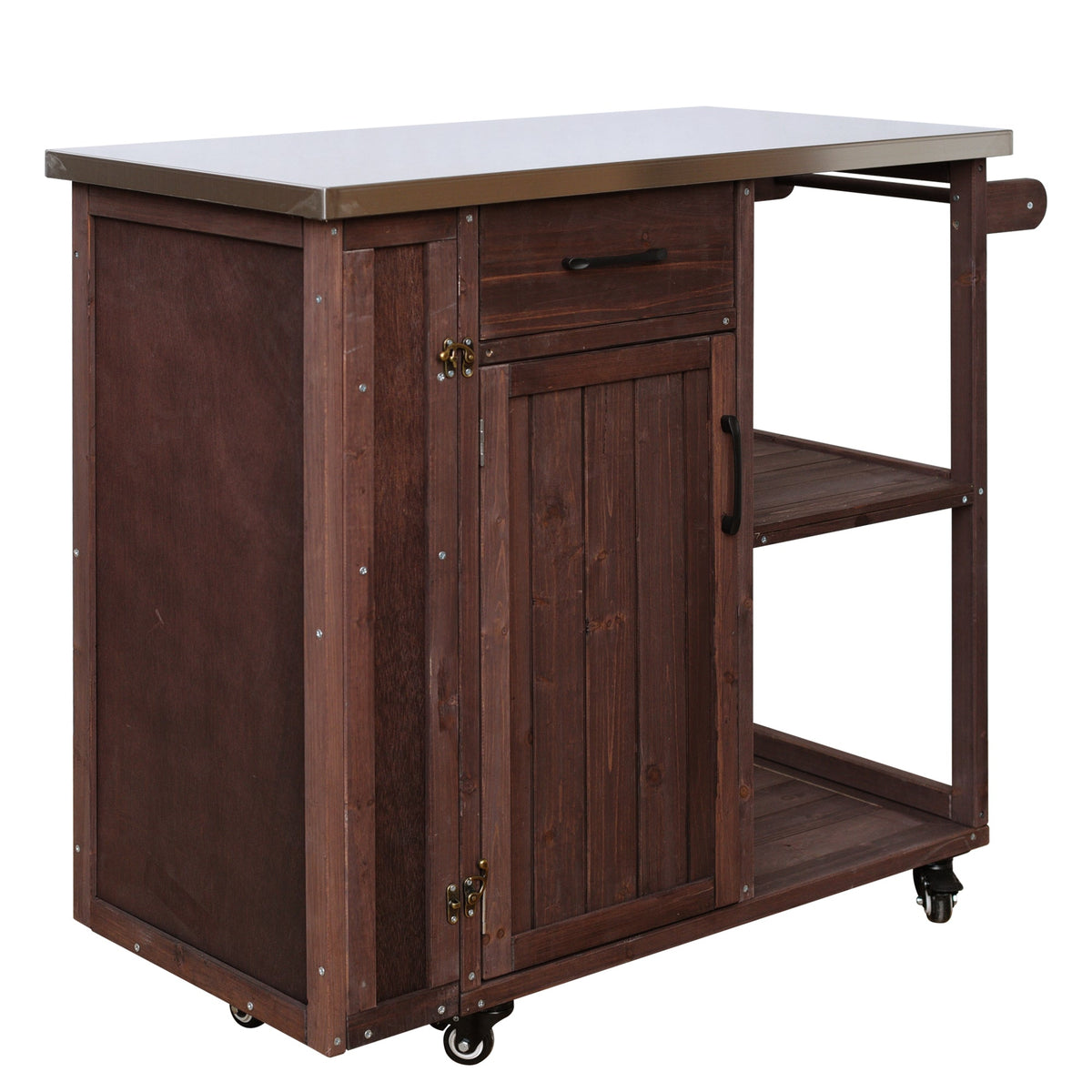 Outdoor kitchen island prep station in fir wood with a metal top and caster wheels on Tampa Home & Garden Store
