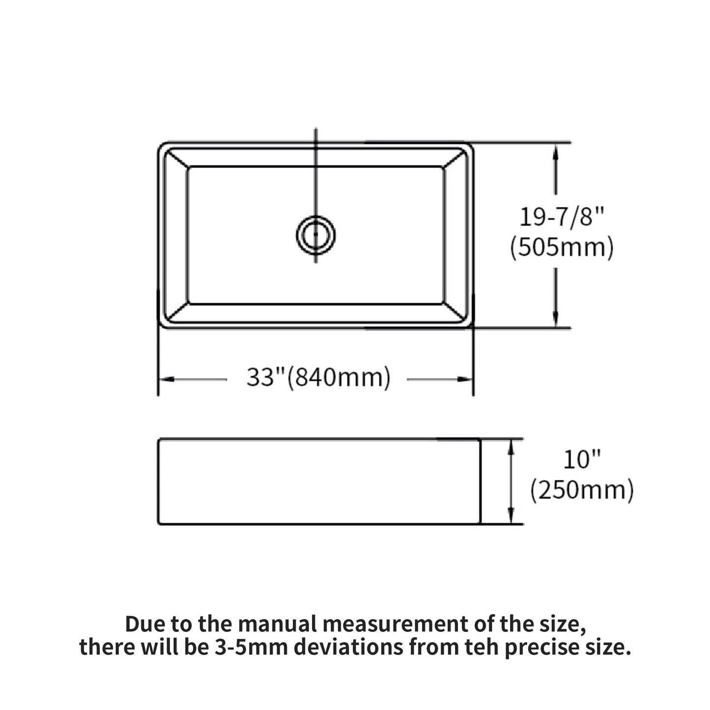 Undermount sink diagram, single bowl, drain, 33 in wide x 19-7/8 in deep on Tampa Home & Garden Store