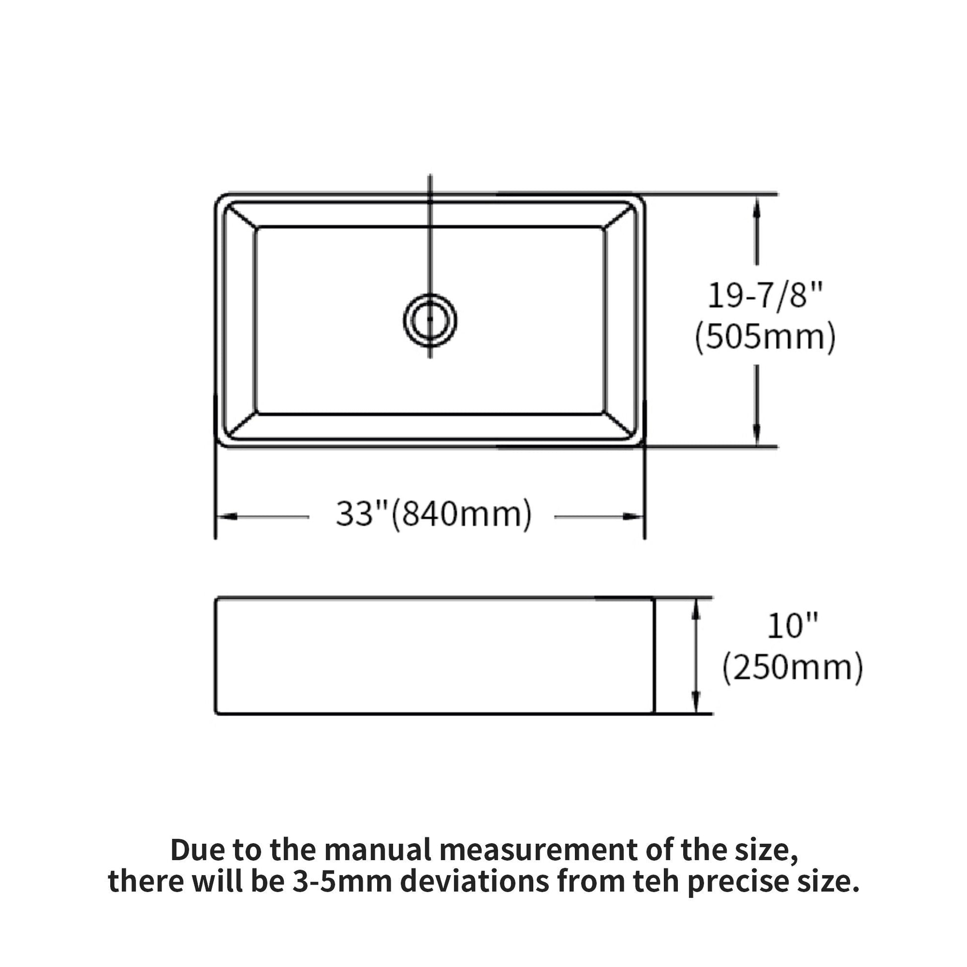 Undermount sink diagram, single bowl, drain, 33 in wide x 19-7/8 in deep on Tampa Home & Garden Store