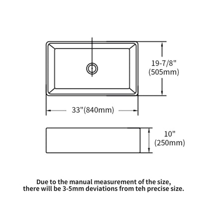 Undermount sink diagram, single bowl, drain, 33 in wide x 19-7/8 in deep on Tampa Home & Garden Store