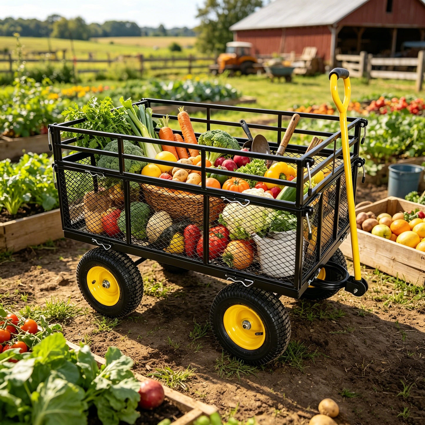 Garden wagon cart yellow and black loaded with fresh vegetables in a farm garden on Tampa Home & Garden Store