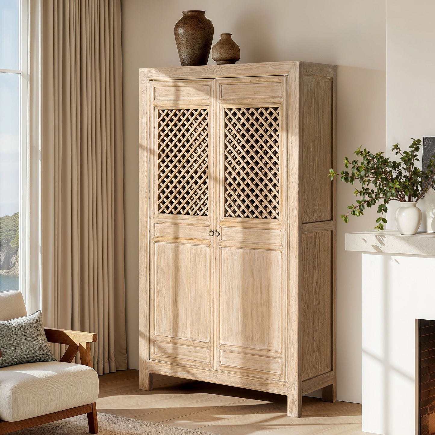 Arden 2-Door Bookcase Storage Cabinet in natural wood with lattice panel doors by HouseOfZazla on Tampa Home & Garden Store