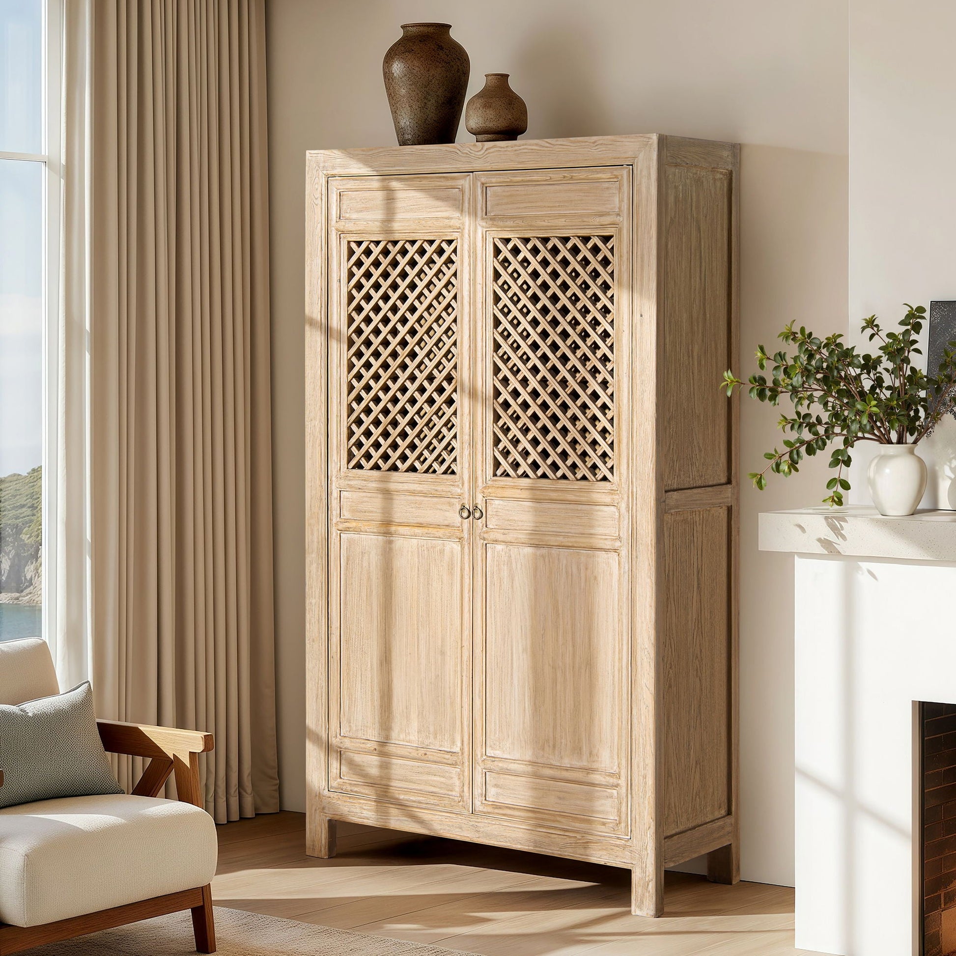 Arden 2-Door Bookcase Storage Cabinet in natural wood with lattice panel doors by HouseOfZazla on Tampa Home & Garden Store