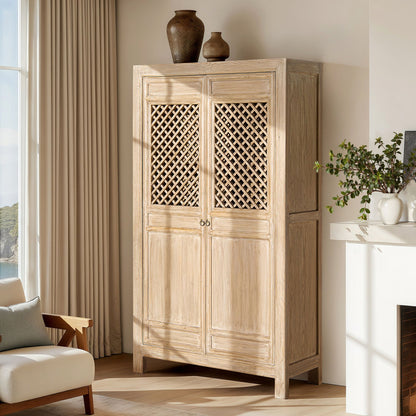 Arden 2-Door Bookcase Storage Cabinet in natural wood with lattice panel doors by HouseOfZazla on Tampa Home & Garden Store
