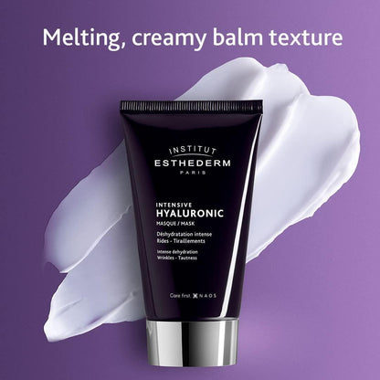 Institut Esthederm Intensive Hyaluronic Face Mask tube, black with silver cap on purple backdrop on Tampa Home & Garden Store