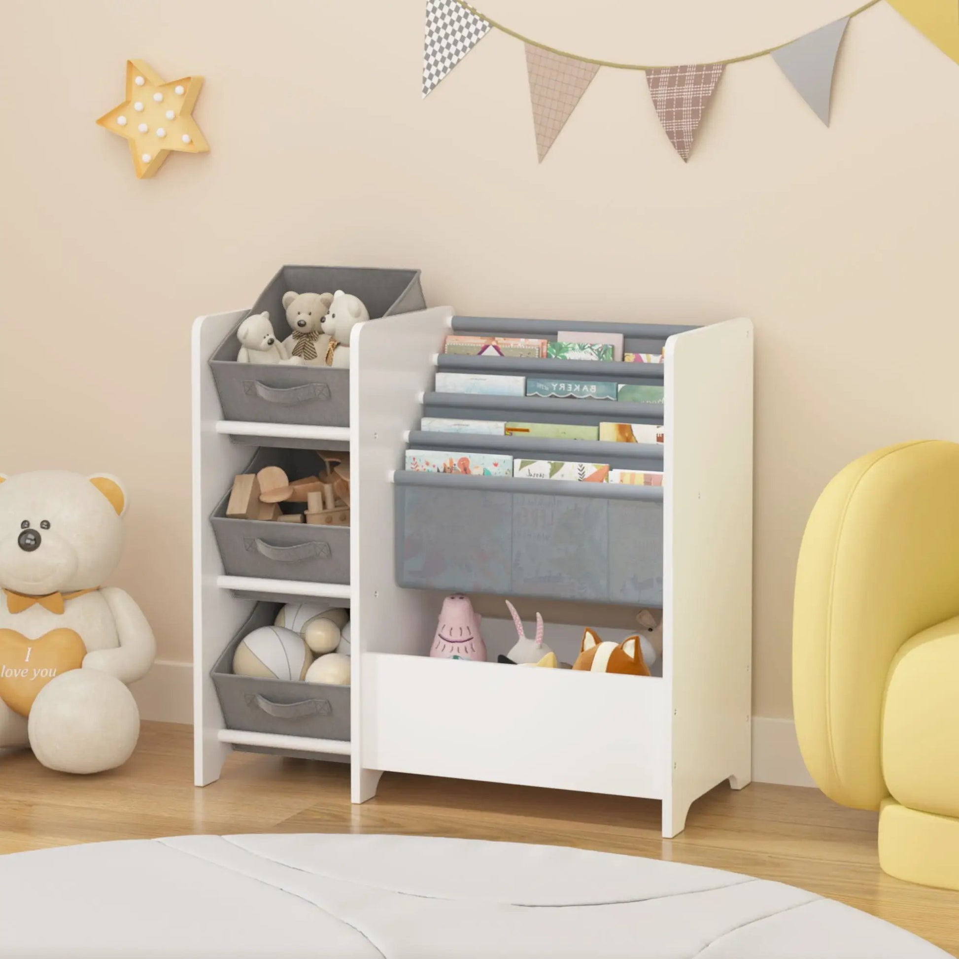 Bookshelf white 4-tier with grey drawers and book slots by Unique Piece Furniture on Tampa Home & Garden Store