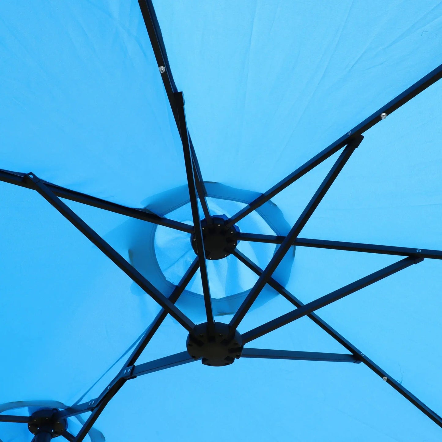 Double-Sided Outdoor Market Umbrella with Lights, blue canopy and black metal frame on Tampa Home & Garden Store