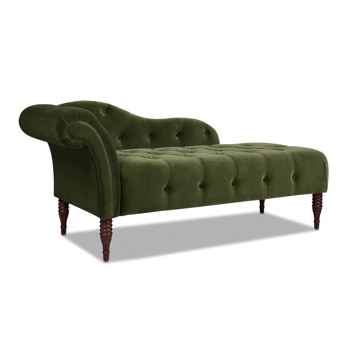 Tufted roll-arm chaise lounge in dark green velvet with premium foam and dark wood legs on Tampa Home & Garden Store