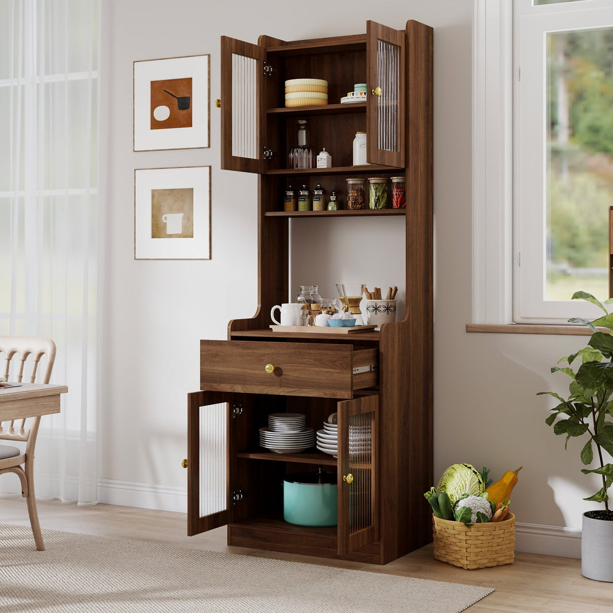 Kitchen Pantry Hutch Cabinet dark wood with glass doors and open shelves by HouseOfZazla on Tampa Home & Garden Store