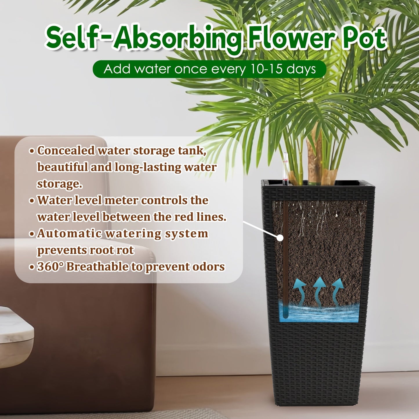 Pack of 2 square planters with automatic watering system by HouseOfZazla, black wicker finish on Tampa Home & Garden Store