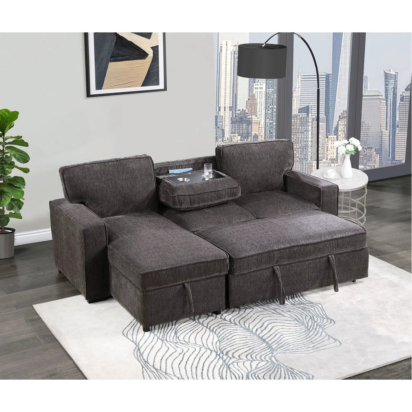Territory pull-out sofa bed sleeper sectional dark gray upholstery with cupholders on Tampa Home & Garden Store