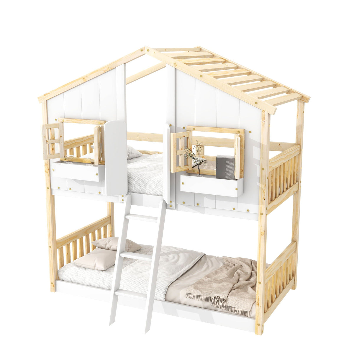 House bunk bed with roof and window guard rails ladder in natural wood panels HouseOfZazla on Tampa Home & Garden Store