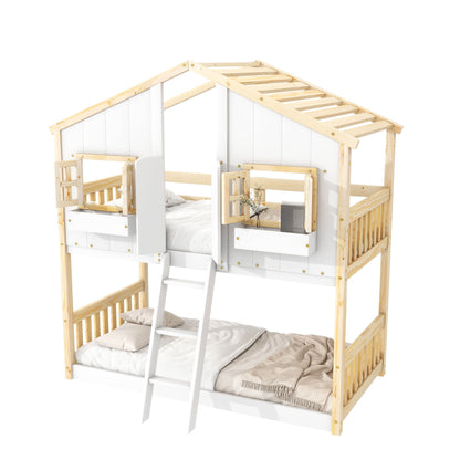 House bunk bed with roof and window guard rails ladder in natural wood panels HouseOfZazla on Tampa Home & Garden Store