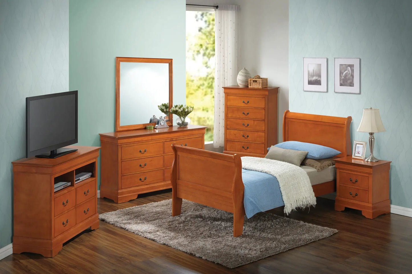 Louis Phillipe Panel Sleigh Bed Unique Piece Furniture cherry wood with dresser on Tampa Home & Garden Store