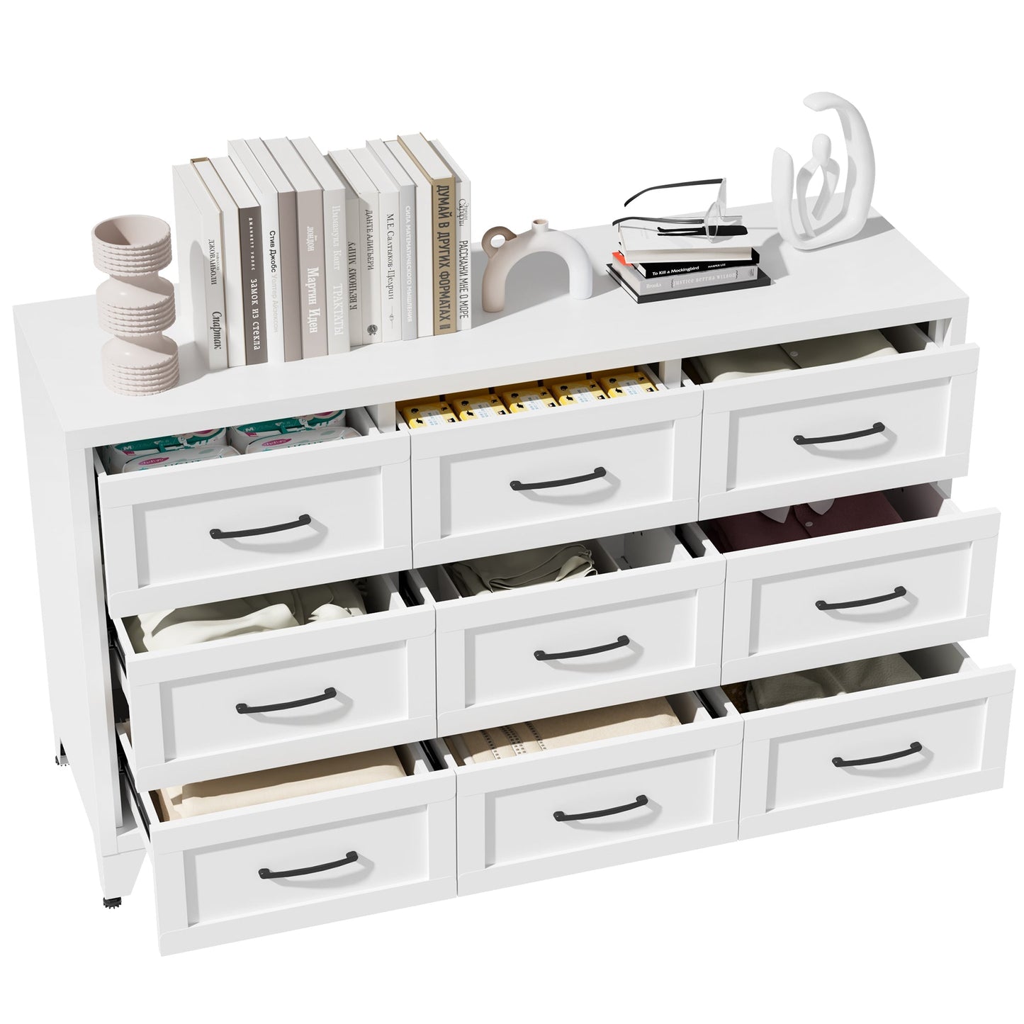 9 Drawer White Metal Dresser with Quiet-Glide Rails by HouseOfZazla, books on top on Tampa Home & Garden Store