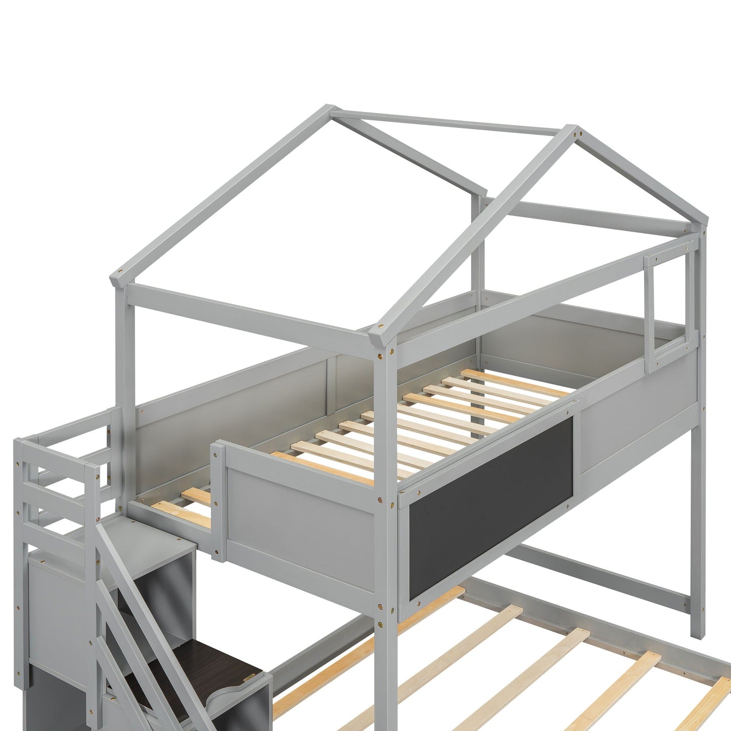House Style bunk bed with storage staircase, gray metal frame and wood slats on Tampa Home & Garden Store