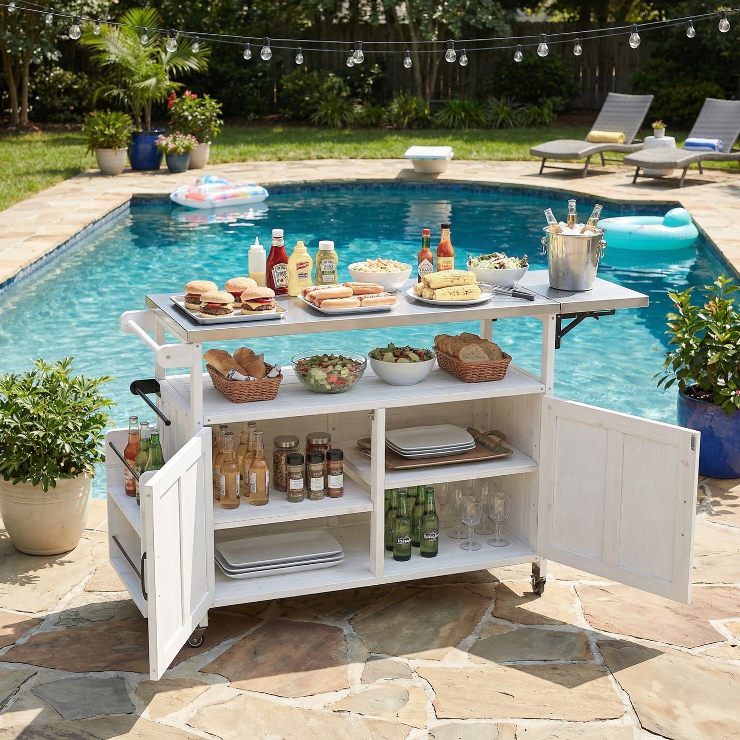 Foldable outdoor kitchen island cart in white wood with storage shelves and wheels on Tampa Home & Garden Store