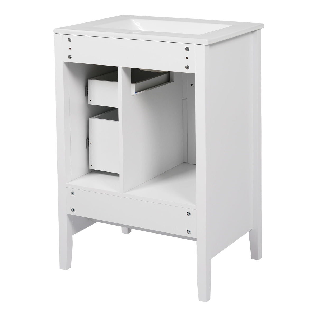 Retro bathroom vanity with ceramic sink, white finish and soft-closing drawers on Tampa Home & Garden Store