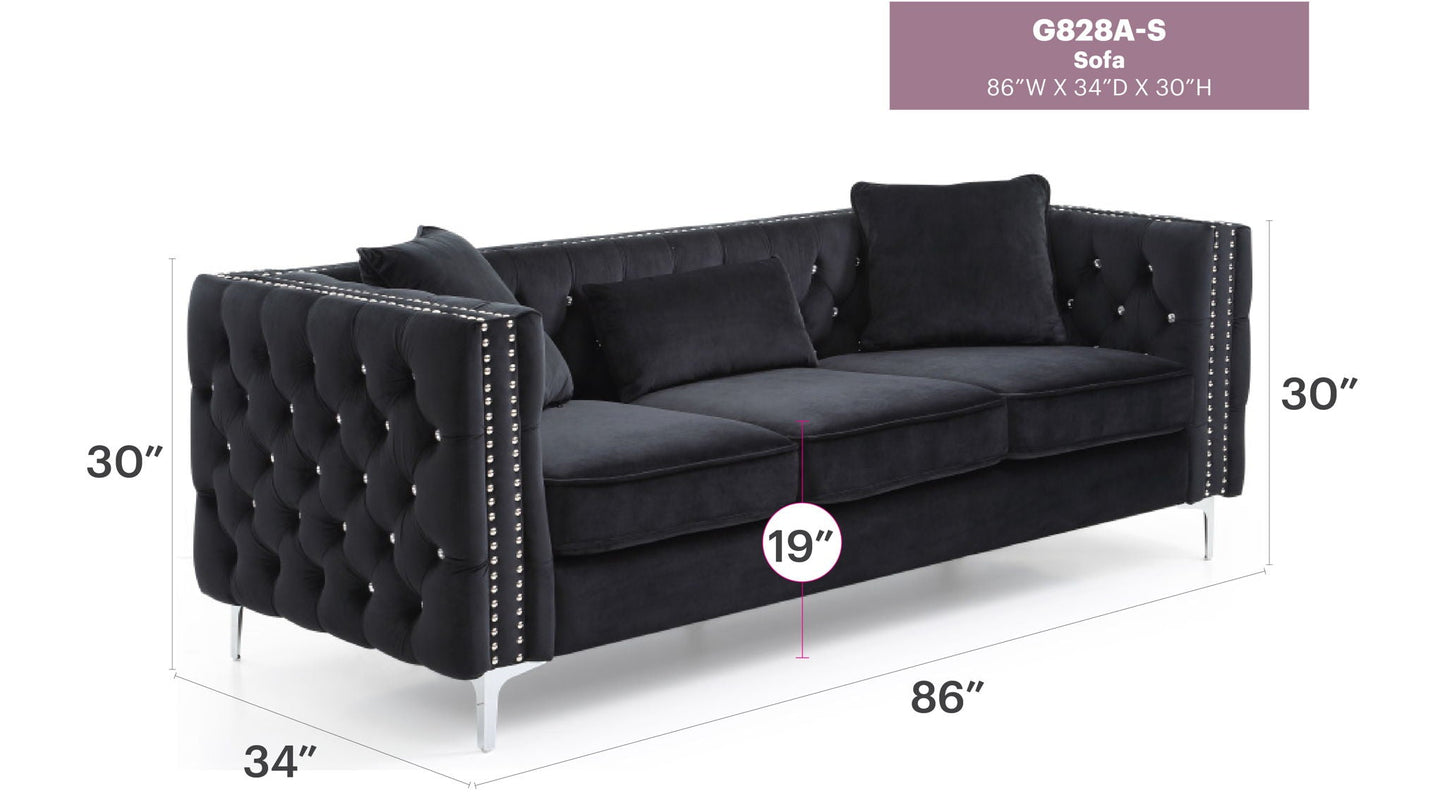 Paige - Sofa stationary black tufted upholstery with silver nailhead trim 86W x 34D x 30H HouseOfZazla on Tampa Home & Garden Store