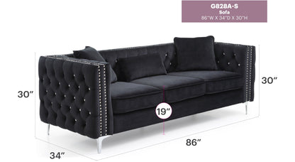 Paige - Sofa stationary black tufted upholstery with silver nailhead trim 86W x 34D x 30H HouseOfZazla on Tampa Home & Garden Store