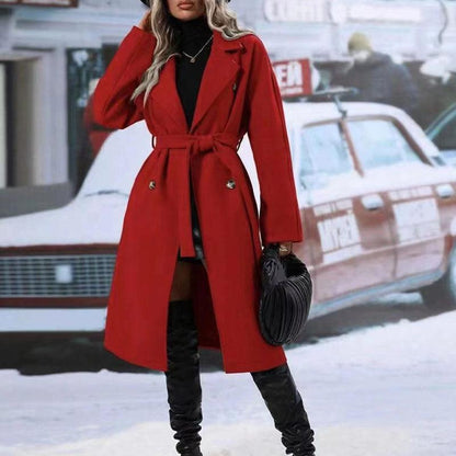 Womens red Stevvex double-breasted trench coat with belt, notched lapel wool-blend outerwear on Tampa Home & Garden Store