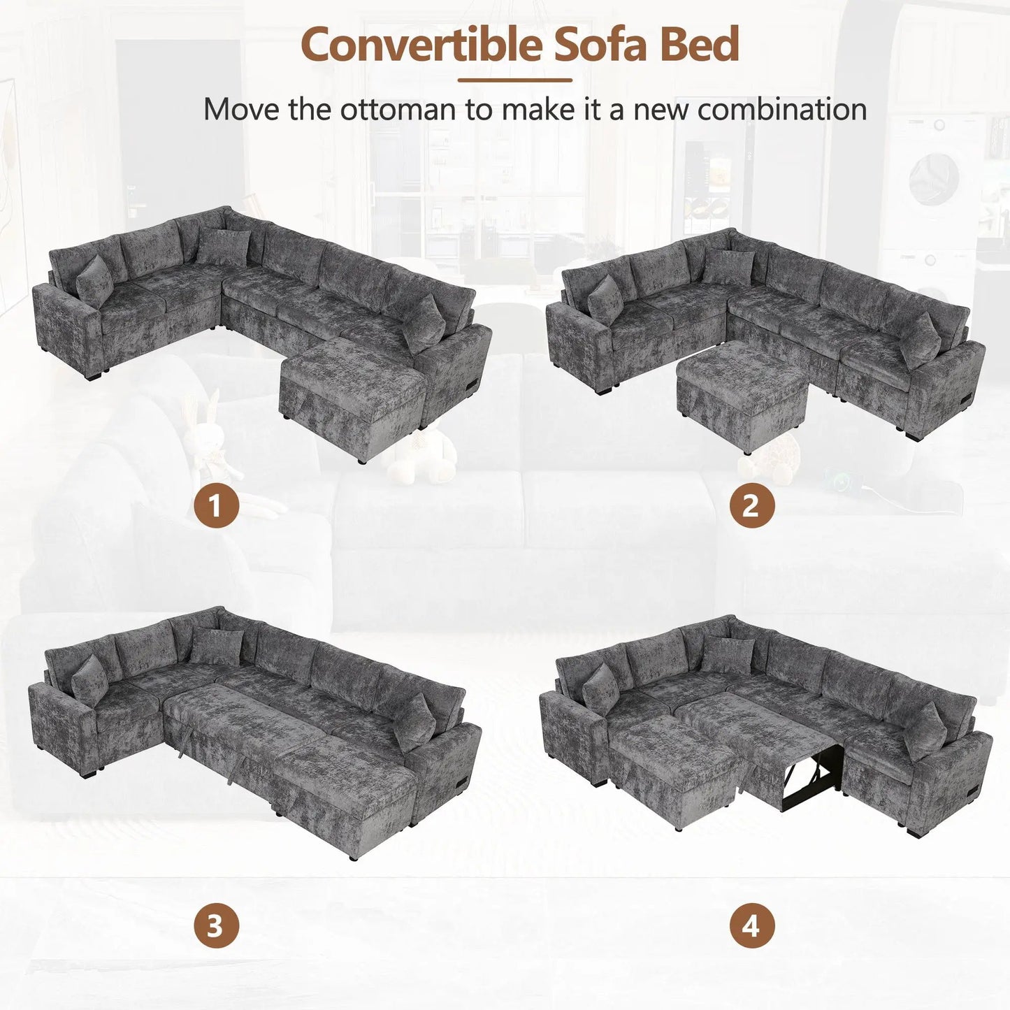 4-piece sectional sleeper sofa with storage ottoman 3 pillows Unique Piece Furniture on Tampa Home & Garden Store