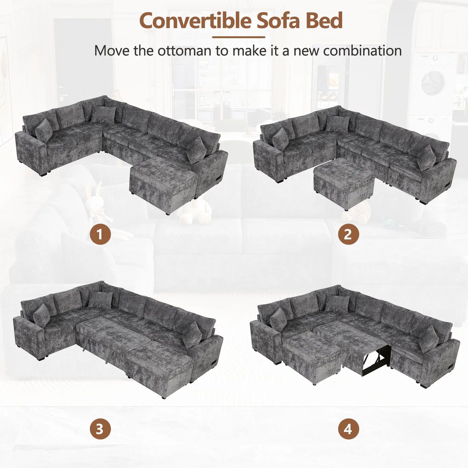 4-piece sectional sleeper sofa with storage ottoman 3 pillows Unique Piece Furniture on Tampa Home & Garden Store