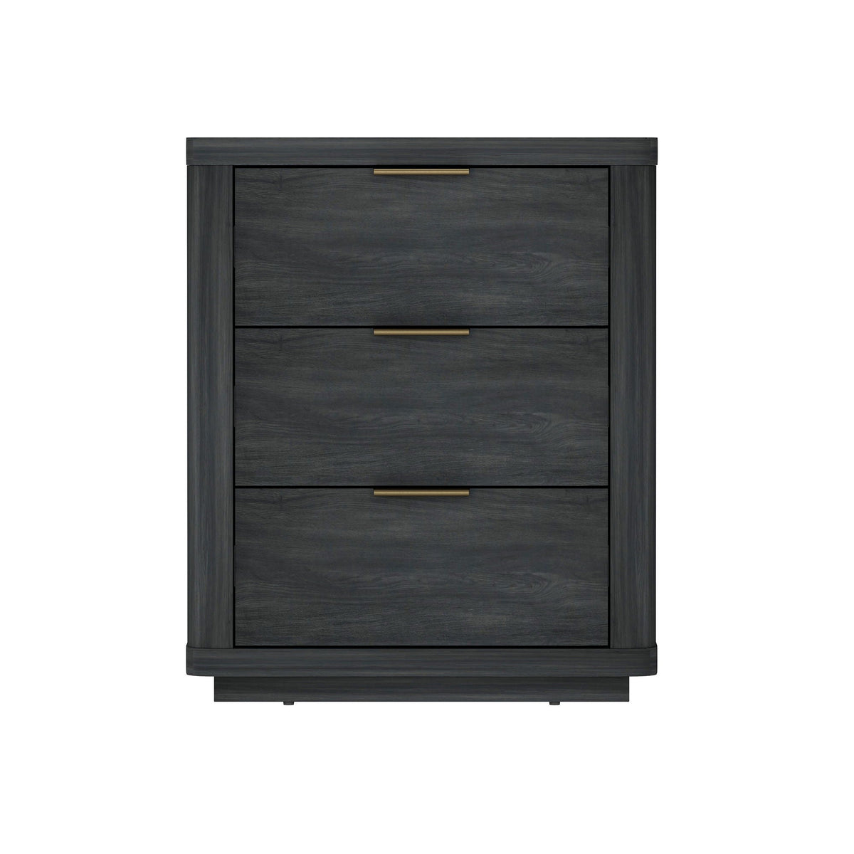 Nightstand with 3 drawers in dark charcoal finish, brass bar handles, smooth rounded edges on Tampa Home & Garden Store