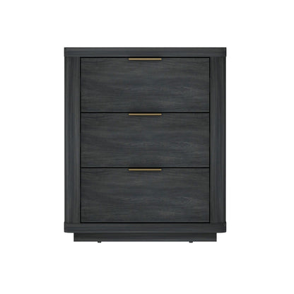 Nightstand with 3 drawers in dark charcoal finish, brass bar handles, smooth rounded edges on Tampa Home & Garden Store