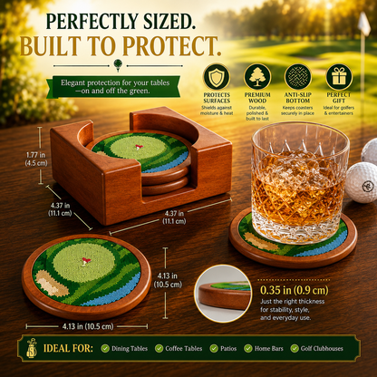 Set of Four Wooden Golf Coasters With Holder