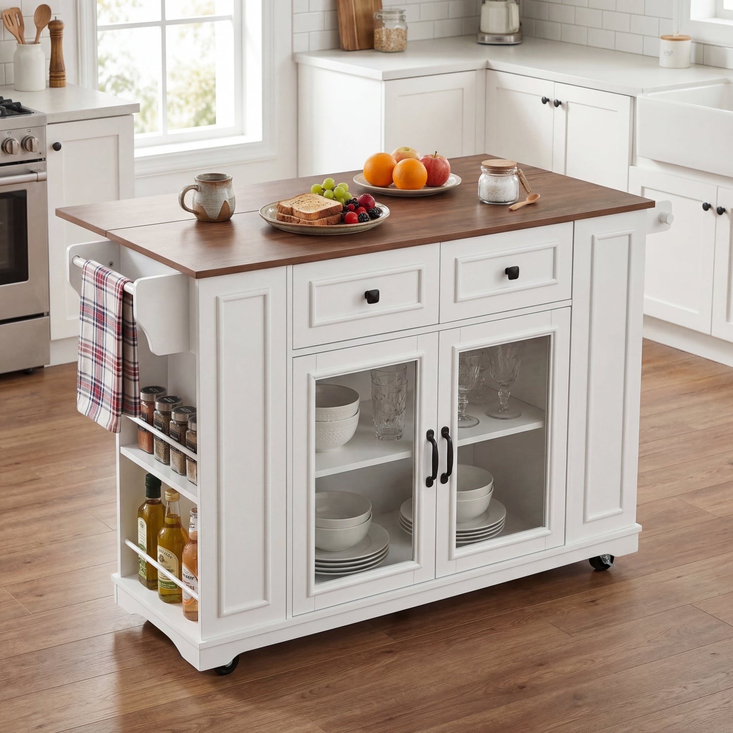 Mobile Kitchen Island with Glass Door and Outlet