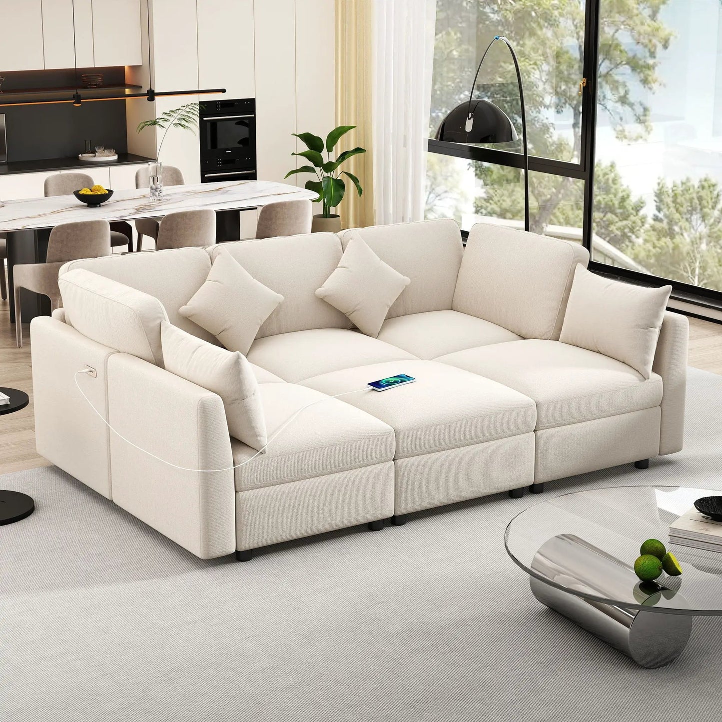 Sectional sofa modular U-shaped with ottoman and USB ports, beige fabric, 2-piece set on Tampa Home & Garden Store