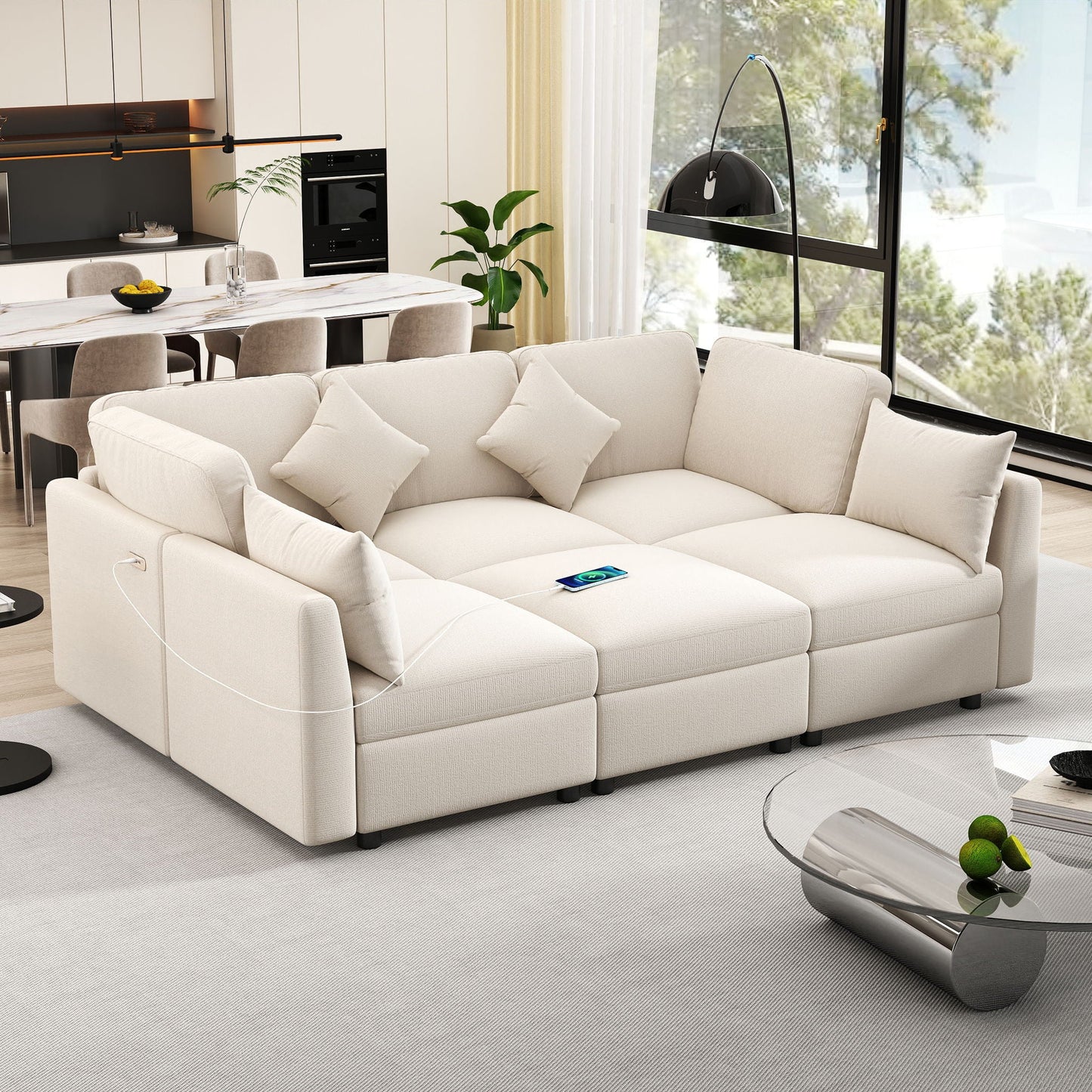 Sectional sofa modular U-shaped with ottoman and USB ports, beige fabric, 2-piece HouseOfZazla on Tampa Home & Garden Store