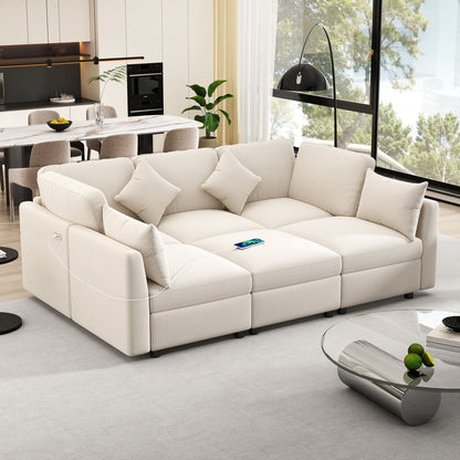 Sectional sofa modular U-shaped with ottoman and USB ports, beige fabric, 2-piece HouseOfZazla on Tampa Home & Garden Store