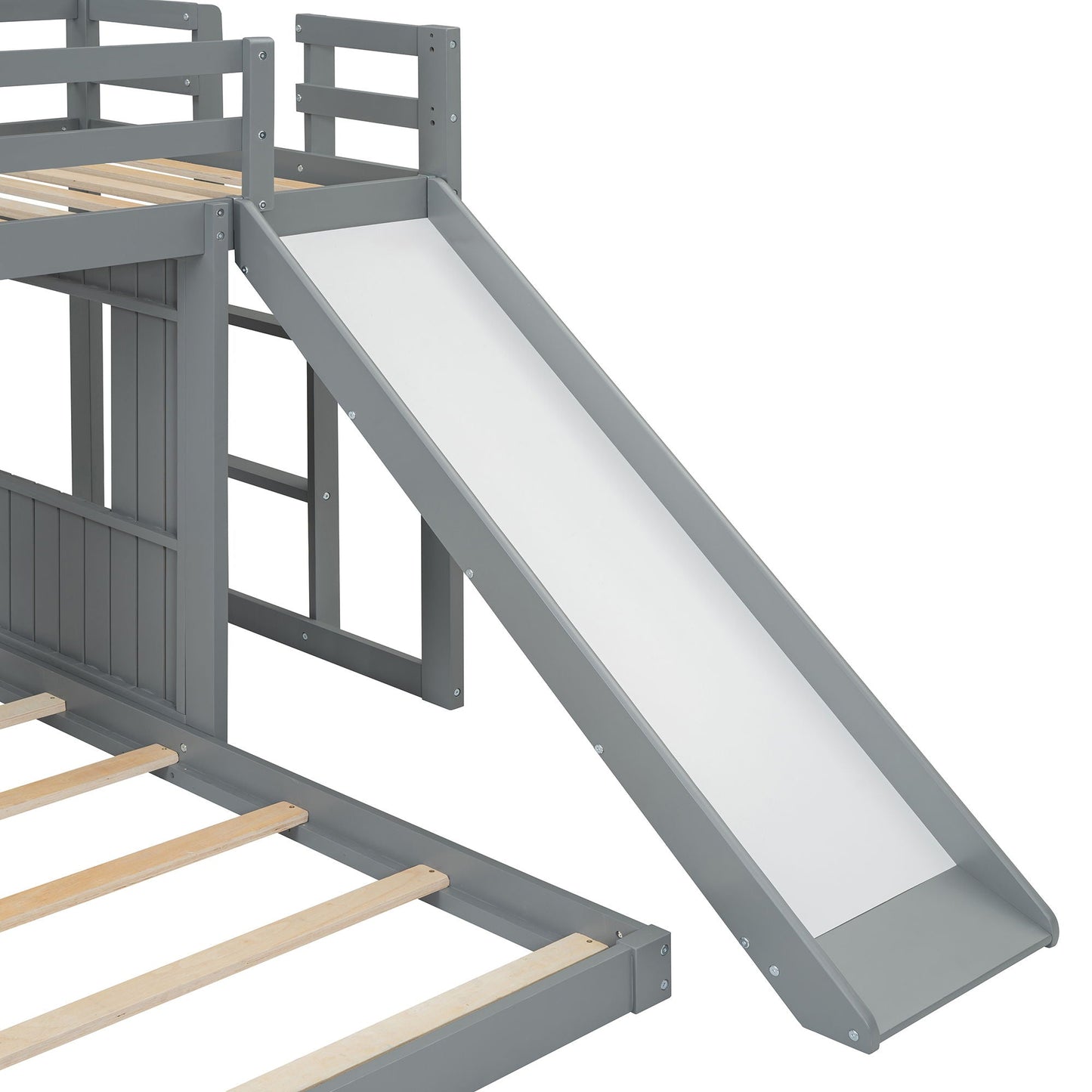 Loft bunk bed with playhouse in gray, with ladder, guardrails and white slide on Tampa Home & Garden Store