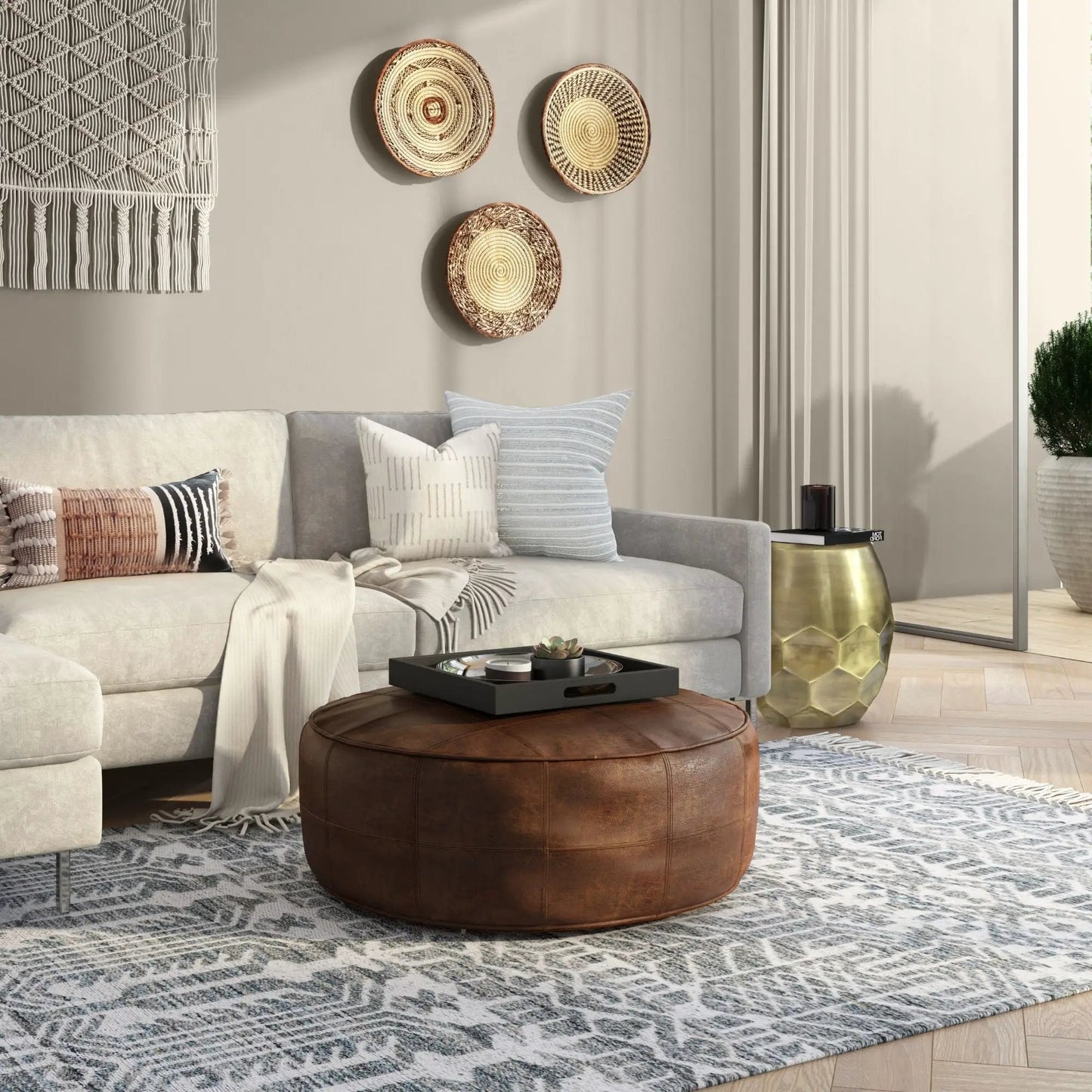 Connor - Handcrafted Round Pouf by Unique Piece Furniture, brown leather round accent pouf on Tampa Home & Garden Store