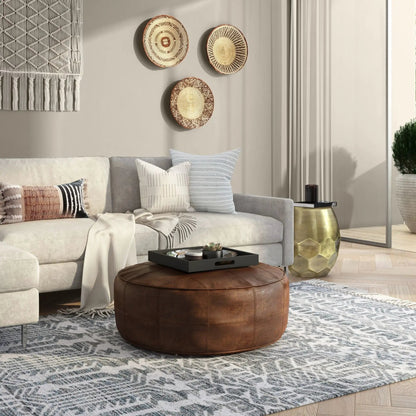 Connor - Handcrafted Round Pouf by Unique Piece Furniture, brown leather round accent pouf on Tampa Home & Garden Store