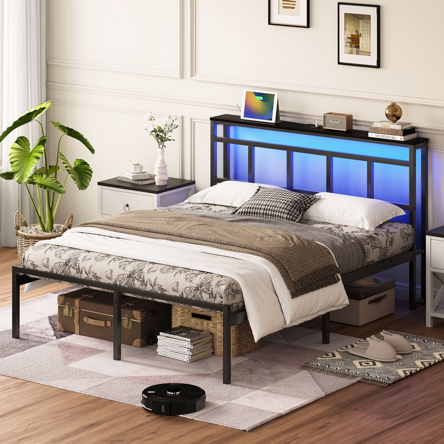 Bed Frame with Storage Headboard and Led Light