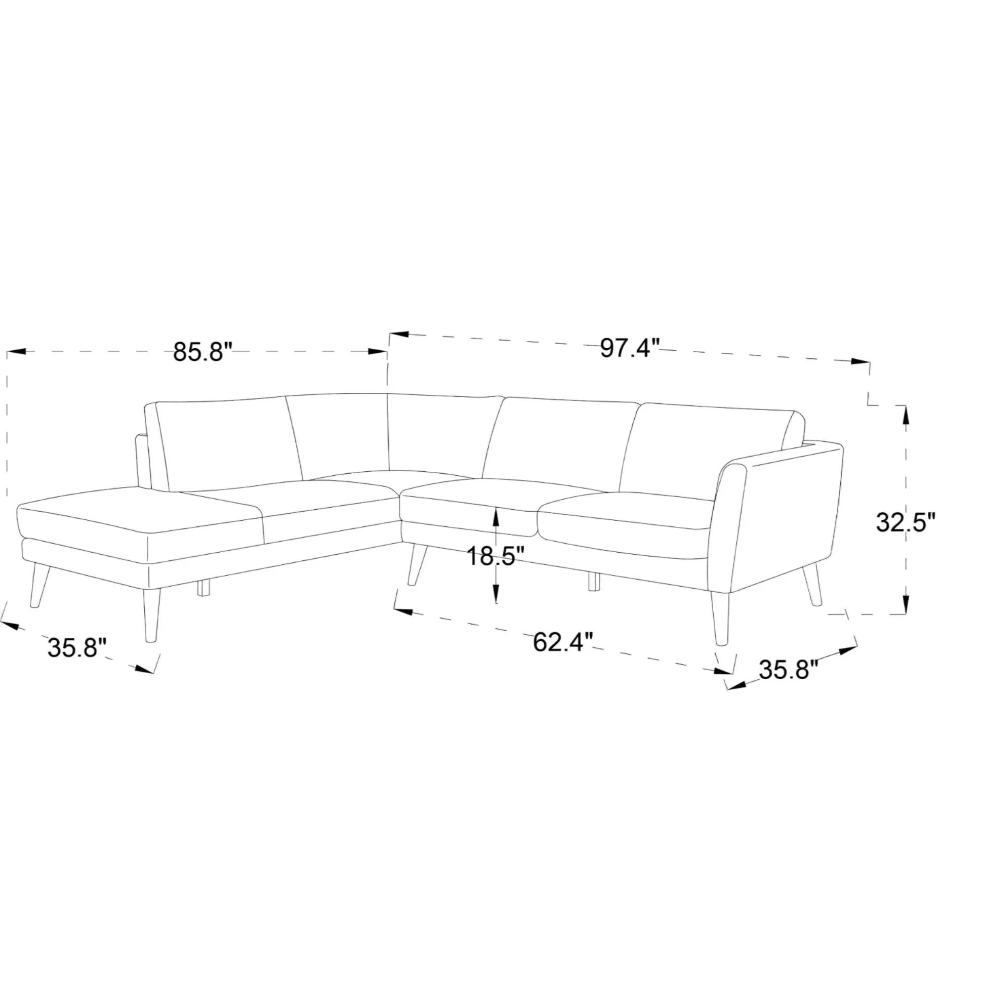 Benson Sectional Sofa With Chaise by Unique Piece Furniture, stationary diagram with dimensions on Tampa Home & Garden Store