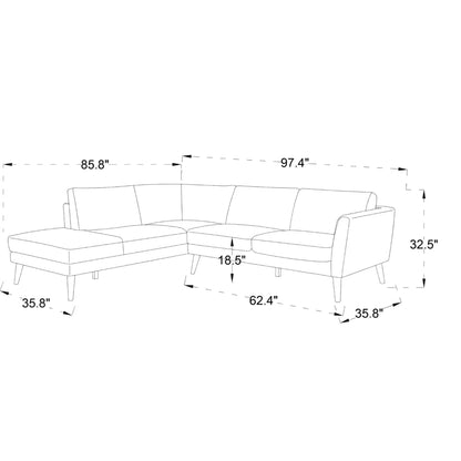 Benson Sectional Sofa With Chaise by Unique Piece Furniture, stationary diagram with dimensions on Tampa Home & Garden Store