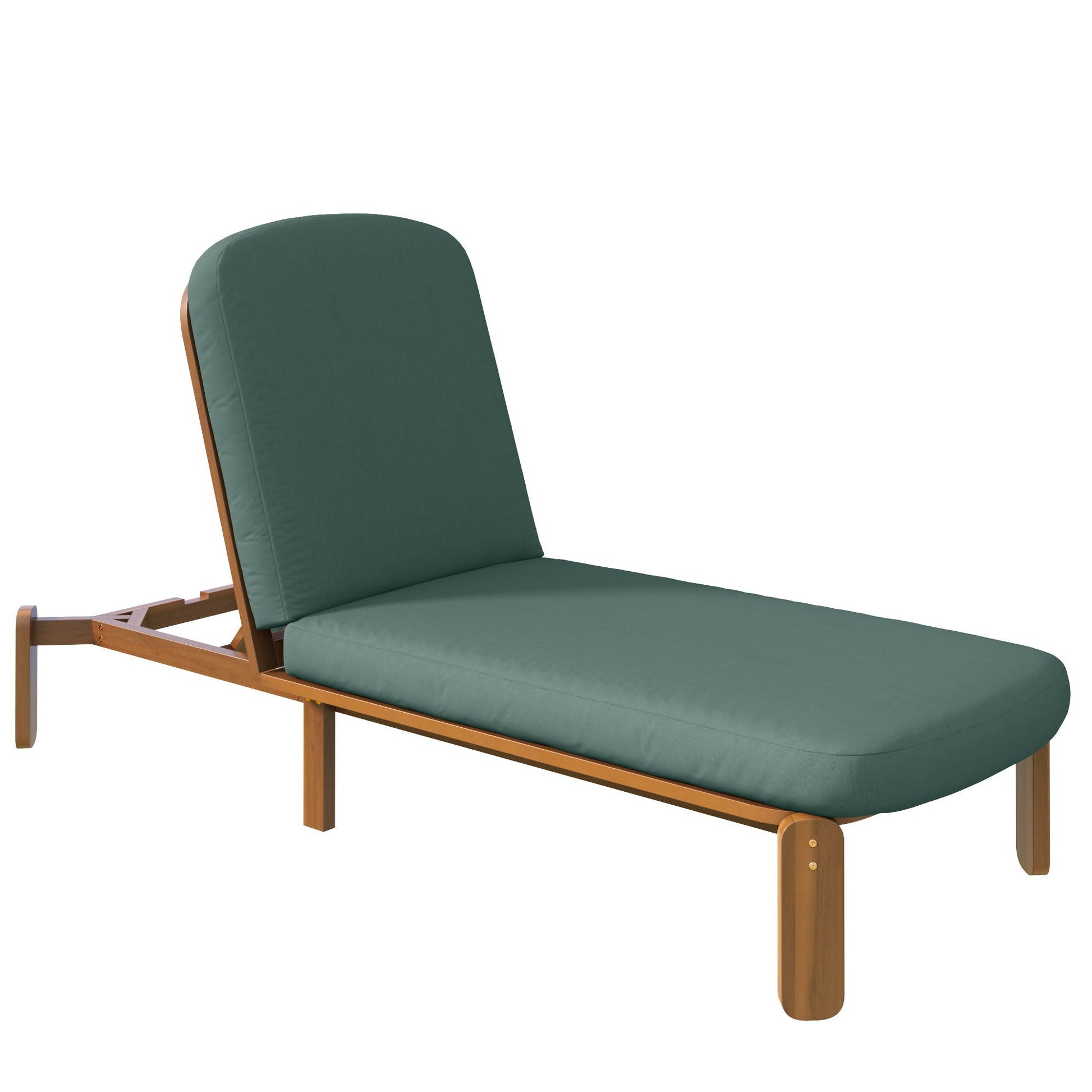 Outdoor chaise lounge with adjustable backrest, green cushion, wooden frame on Tampa Home & Garden Store
