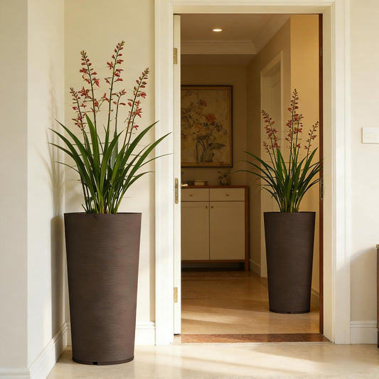 Tall stackable planters set 2 in brown pots with green leaves and red blooms HouseOfZazla on Tampa Home & Garden Store