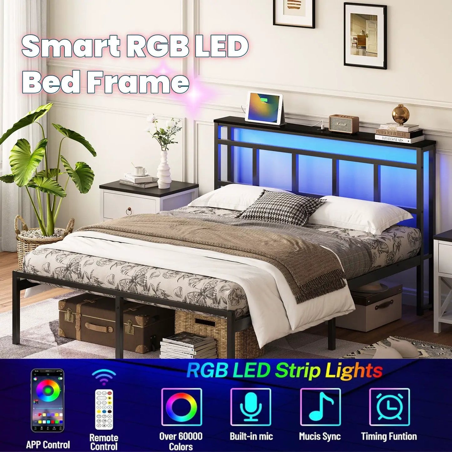 Bed Frame With Storage Headboard and USB C LED