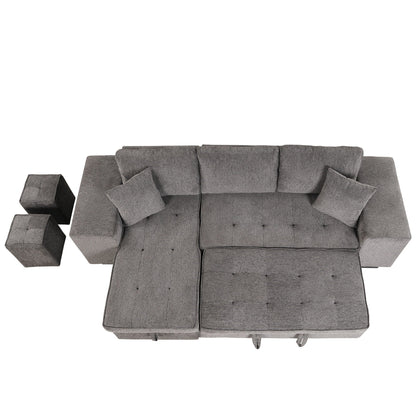 Modern gray L-shaped sectional sofa with tufted cushions and two square ottomans on Tampa Home & Garden Store