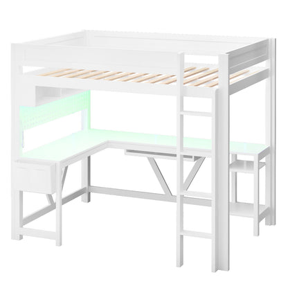 White gaming loft bed with integrated desk, shelves, LED accents and ladder on Tampa Home & Garden Store