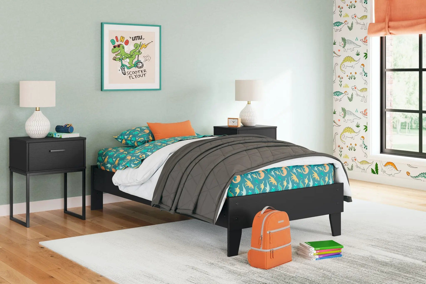 Socalle platform bed with black frame and teal dinosaur bedding on Tampa Home & Garden Store