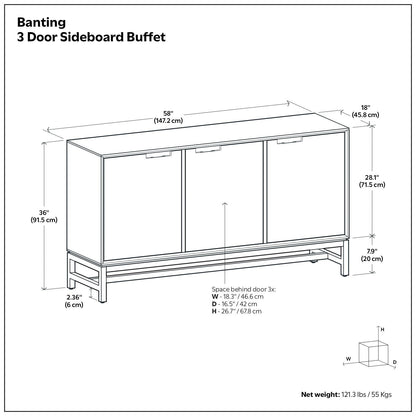 Banting Sideboard Buffet in solid rubberwood with metal frame, 3 doors, HouseOfZazla on Tampa Home & Garden Store