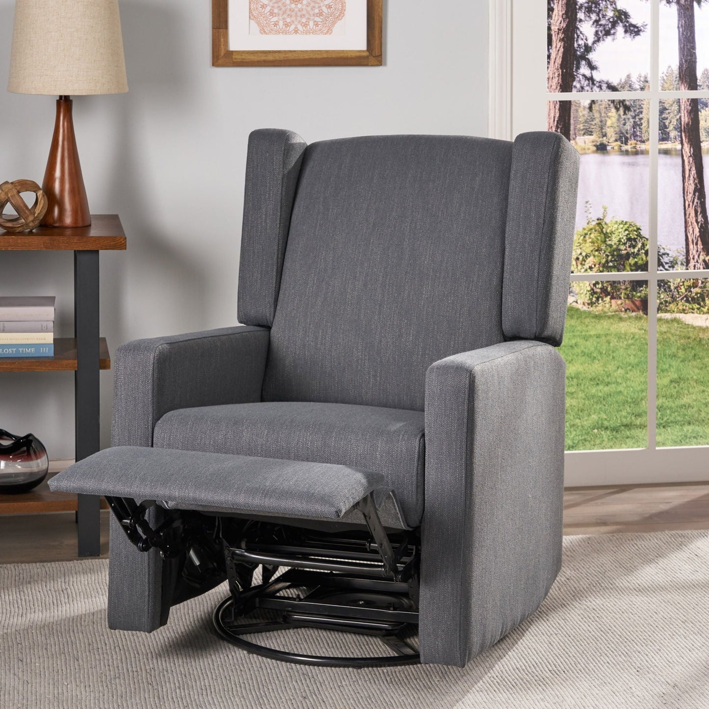 Landau Fabric Upholstered Swivel Recliner gray fabric with metal base by HouseOfZazla on Tampa Home & Garden Store