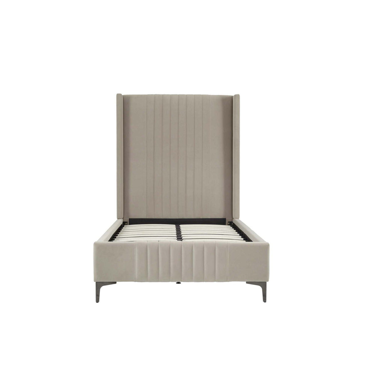 Promenade bed with upholstered beige headboard and slats, vertical channel tufting, HouseOfZazla on Tampa Home & Garden Store