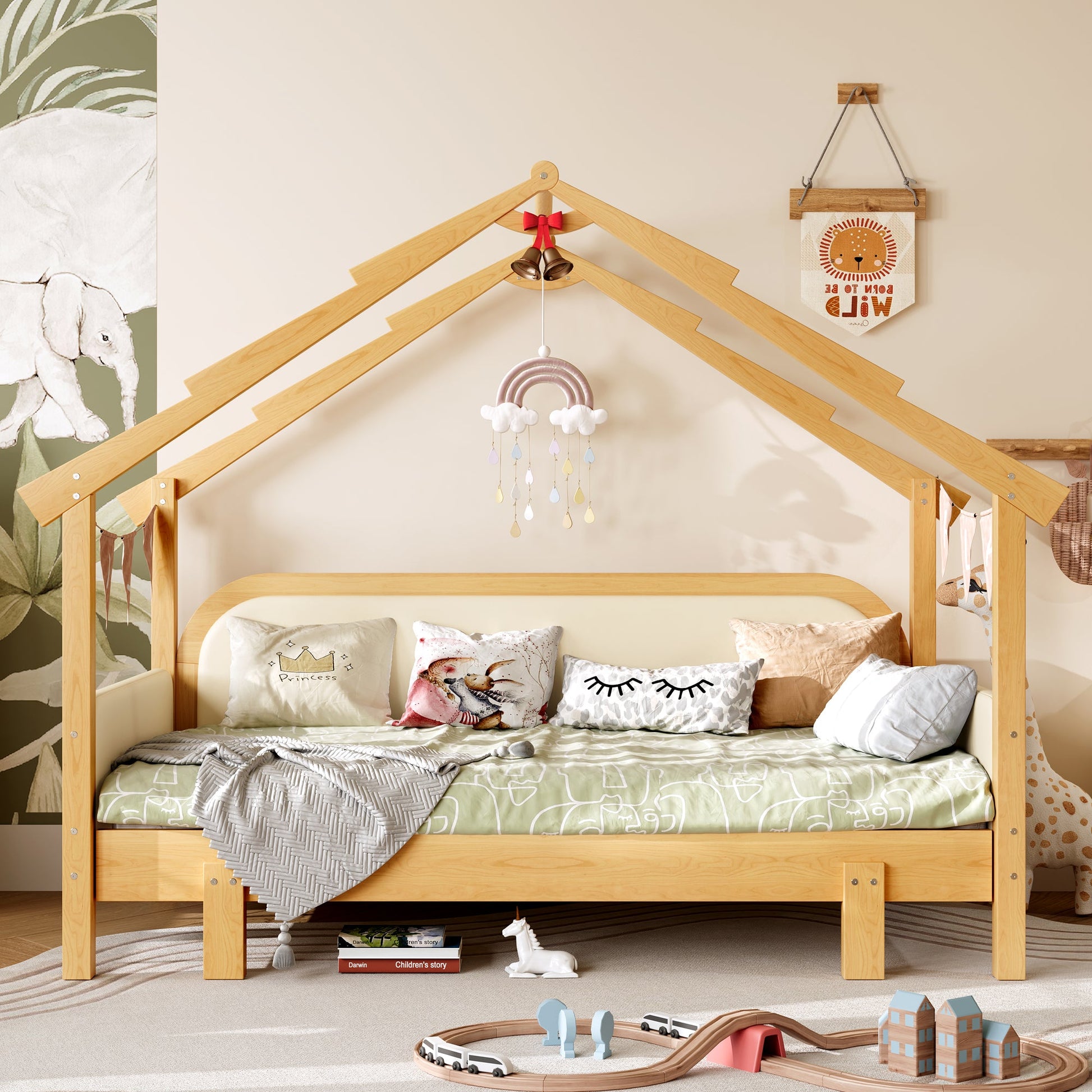 Twin size wood treehouse bed with soft cushion rails in natural pine HouseOfZazla on Tampa Home & Garden Store